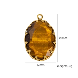 Macro detail of faceted tiger eye oval pendant measuring 26mm by 17mm with gold trim