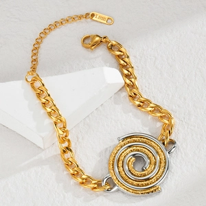 Modern two-tone gold and silver spiral disk stainless steel chain bracelet for women