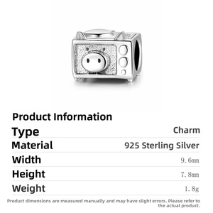 Detailed view of S925 sterling silver pig TV charm showing 9.6mm x 7.8mm dimensions