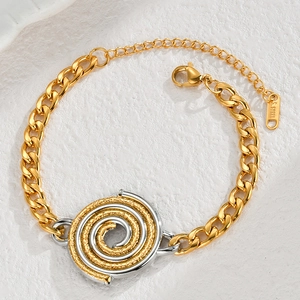 Chic two-tone stainless steel chain bracelet with textured spiral disc charms and lobster clasp