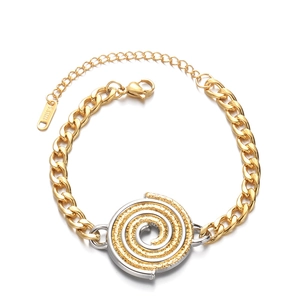 Two-tone stainless steel curb chain bracelet with gold spiral disc and lobster clasp