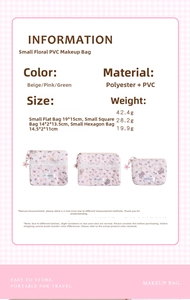 Guida alle taglie per pochette trucco floreale in PVC con dettagli e dimensioni