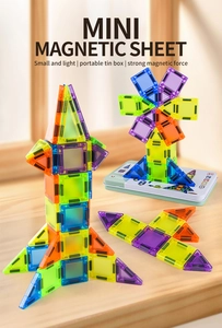 Mini magnetic building blocks toy set with colorful tiles and portable metal storage box