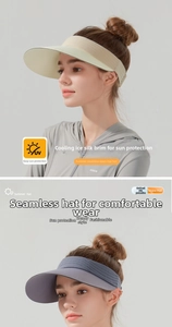 Detail of seamless ice silk sun visor in beige and grey blue with wide protective brim