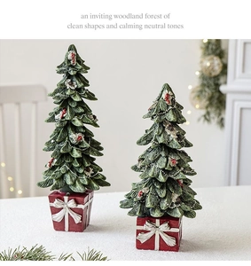 Detailed view of resin Christmas trees with green pine texture and red gift box base
