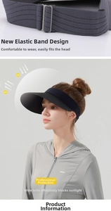 Detail of adjustable elastic band and wide brim on a gray sun hat with UV protection