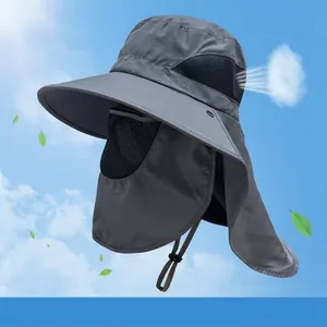Grey wide brim sun hat with UPF 50+ neck protection and face shield for outdoor fishing
