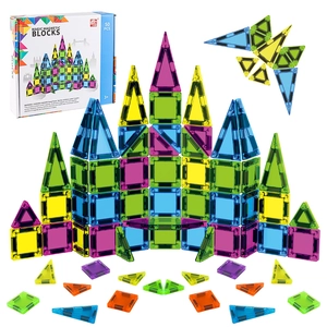 50-piece set of colorful 3D magnetic building tiles for kids with a storage box
