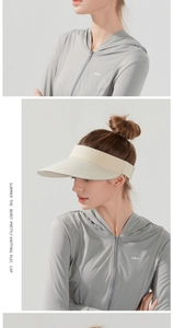 Macro detail of breathable light grey sun protection hoodie and cream sun visor hat