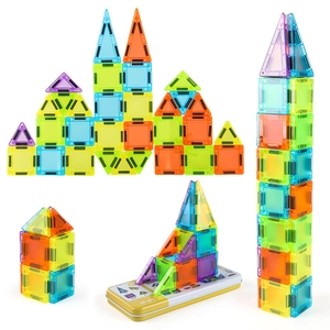 DIY magnetic building blocks toy set with colorful geometric tiles and storage box
