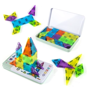Kids colorful magnetic building blocks set with shapes and storage box for DIY play