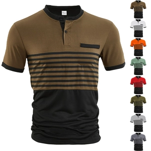 Men's Short Sleeve Polo Shirt Color Block Striped Stand Collar Slim Fit Business Casual Top With Pocket