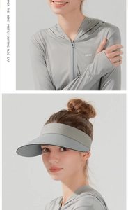 Close-up of grey ice silk sun protection set with wide brim hat and hooded jacket