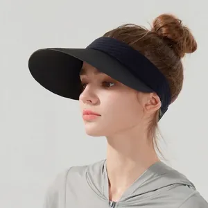 Women's UV protection sun hat with wide black visor and navy knit elastic headband