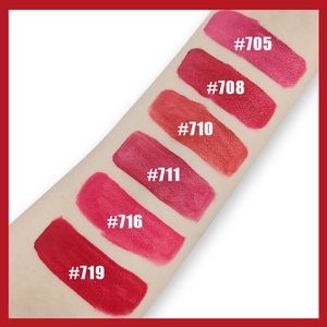 Arm swatches of 6 matte waterproof lip glaze shades from light pink to dark berry red