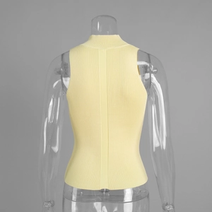 Detail view of pale yellow knit vest featuring vertical rib texture and slim-fit mock neck