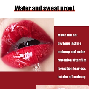 Waterproof matte red liquid lipstick showing long-lasting film-forming effect with water drops