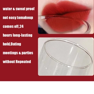 Lipstick demonstration showing waterproof and smudge-proof effect on a glass rim