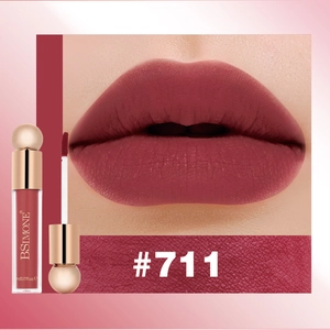 Detailed view of matte lip glaze #711 showing liquid lipstick texture and lip application