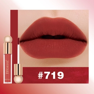 Macro detail of matte liquid lipstick in shade #719 with waterproof finish