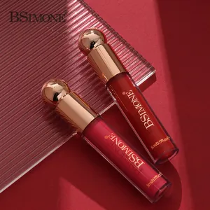 Waterproof matte liquid lipstick set with gold spherical caps in red and rose pink shades