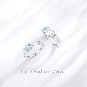 925 Sterling Silver Luminous Star Meteor Adjustable Open Rings For Couples Romantic Blue Enamel Jewelry Gift
