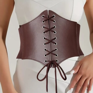 Dark brown retro lace-up corset belt with metal eyelets and elastic mesh fabric