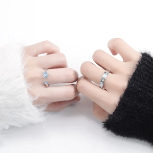 Sterling silver luminous star and planet couple rings with blue enamel and crystal inlay