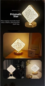 Detailed view of prismatic crystal lamp with gold base emitting warm yellow light