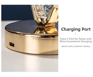 Close-up of gold metal base with Type-C charging port and LED components of star moon light