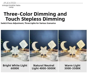 Detail view of star and moon bedside lamps showing white, neutral, and warm light effects
