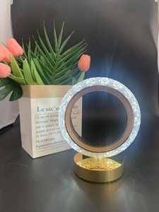 Close-up of a crystal ring night light with diamond-cut texture and golden metal base