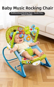 Detail of baby rocker featuring cartoon toys, music control module, and safety harness