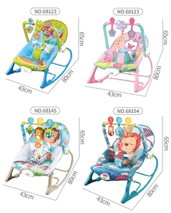 Collage showing infant rocking chairs with dimensions and hanging toys for babies