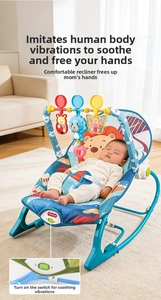 Detail of baby rocker featuring three-point safety belt and detachable toy bar with pendants
