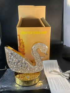 Swan crystal lamp with gold metal base, USB cable, and packaging box full set