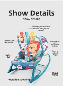 Detail view of baby rocker with detachable toy bar, music vibration box and safety harness