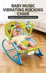 Detail of baby rocking chair with colorful toy bar and cute hanging animal plushies