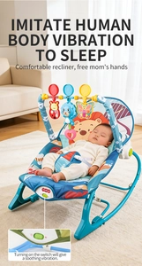 Detail of baby rocker with colorful cartoon seat, toy bar and calming vibration feature