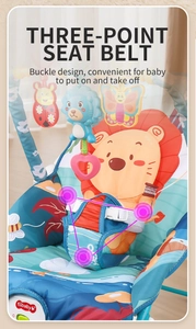 Detail of adjustable three-point safety belt on cartoon baby bouncer chair seat