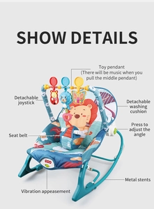 Detail of adjustable baby rocker with cartoon lion print and stable metal frame