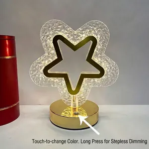 Star-shaped crystal touch bedside lamp with dimmable three-color LED and gold base