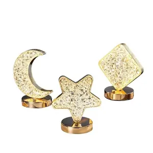 Star and moon crystal night lamps with gold metal bases and 3-color touch lighting