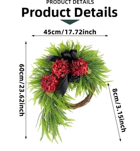 Detail view of rustic hydrangea wreath with red flowers and black bow dimensions