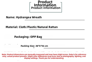 Detail specifications of hydrangea wreath made of fabric plastic and natural rattan base