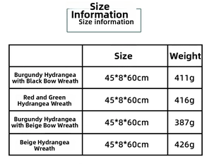 Detailed size chart for hydrangea wreath showing dimensions 45x8x60cm and product weights