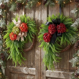 Rustic farmhouse hydrangea wreath with linen bow on vintage wooden door background
