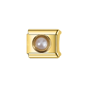 Detailed view of Italian charm link featuring a white pearl inlay on a gold-plated base