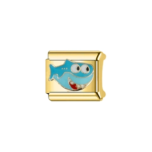 Detailed close-up of a gold-plated modular charm link featuring a blue enamel shark