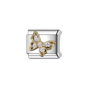 Macro shot of stainless steel modular link with golden butterfly cubic zirconia inlay